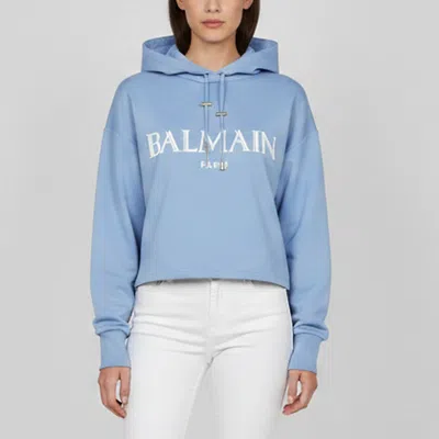 Pre-owned Balmain Blue Logo Detail Jersey Cropped Hoodie Xs