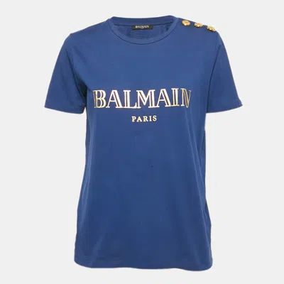 Pre-owned Balmain Blue Logo Print Cotton Button Detail T-shirt M