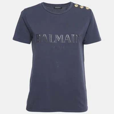 Pre-owned Balmain Blue Logo Print Cotton Button Detail Top M