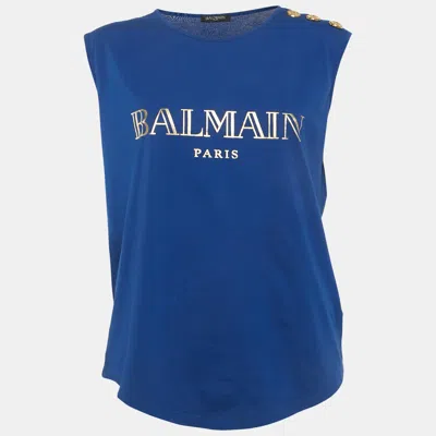 Pre-owned Balmain Blue Logo Print Cotton Tank Top M