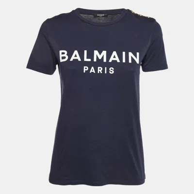 Pre-owned Balmain Blue Logo Printed Cotton Buttons Detail Half Sleeve T-shirt Xs