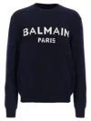 Balmain Navy Merino Intarsia Logo Sweater In Blue