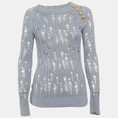 Pre-owned Balmain Blue Lurex Open Knit Sweater S