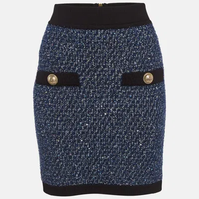Pre-owned Balmain Blue Lurex Tweed Mini Skirt L