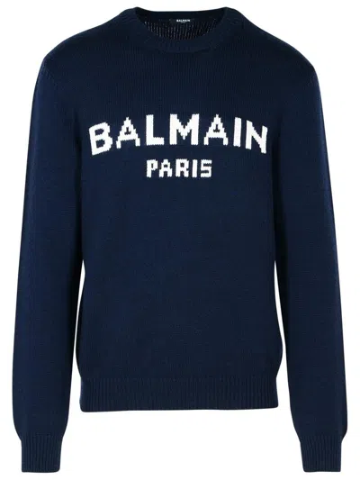 BALMAIN BALMAIN BLUE MERINO WOOL BLEND SWEATER