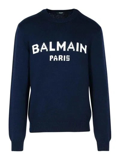 BALMAIN BLUE MERINO WOOL BLEND SWEATER