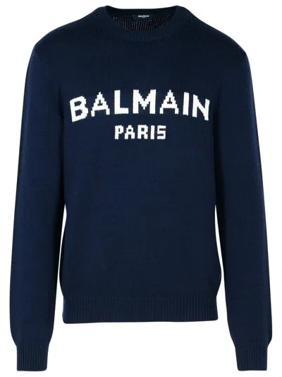 BALMAIN BALMAIN BLUE MERINO WOOL BLEND SWEATER MEN
