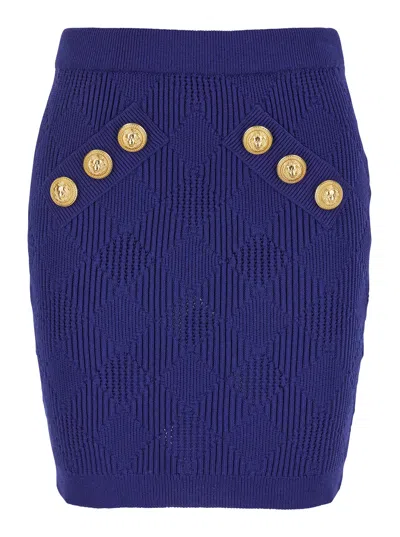 Balmain Blue Mini Skirt With Jewel Buttons In Viscose Blend Woman