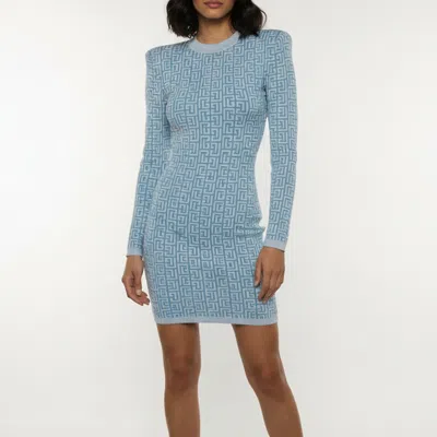 Pre-owned Balmain Blue Monogram Jacquard Knit Mini Dress S