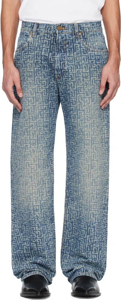 Balmain Blue Monogram Laser Loose-fit Jeans