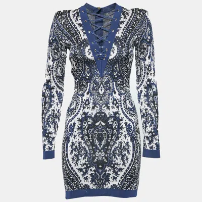 Pre-owned Balmain Blue Paisley Print Knit Lace-up Mini Dress S