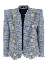 Balmain Spencer Button-embellished Frayed Cotton-blend Tweed Blazer In Blue