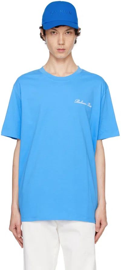 Balmain Embroidered Signature Logo T-shirt In Blue