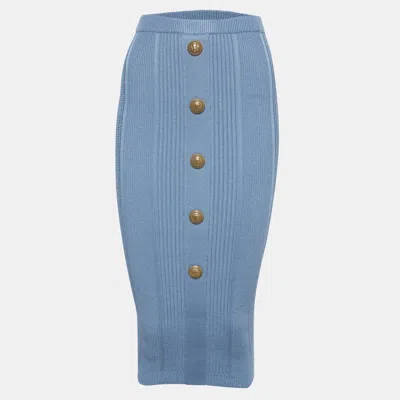 Pre-owned Balmain Blue Rib Knit Embellished Midi Skirt S