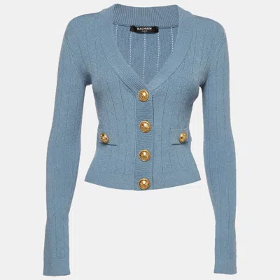 Pre-owned Balmain Blue Ribbed Pointelle Knit Cropped Cardigan S