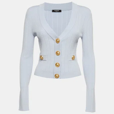 Pre-owned Balmain Blue Ribbed Pointelle Knit Cropped Cardigan S