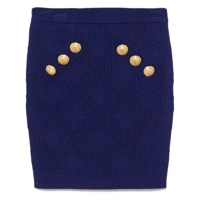 Balmain Blue Mini Skirt With Jewel Buttons In Viscose Blend Woman