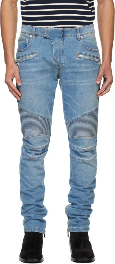 Balmain Slim-fit Biker Ribbed Jeans In Blue