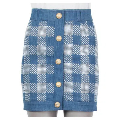 Pre-owned Balmain Blue Strass Check Denim Mini Skirt 36 Xs