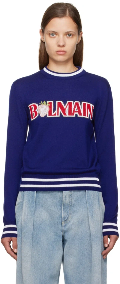 Balmain Blue Strawberry Jumper In Smp Bleu Nuit/multic