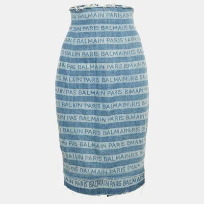 Pre-owned Balmain Blue Striped Logo Raw Edge Denim Skirt S Waist 26"