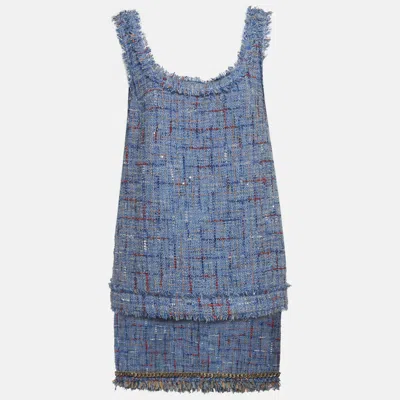 Pre-owned Balmain Blue Tweed And Denim Sleeveless Top & Mini Skirt Suits L