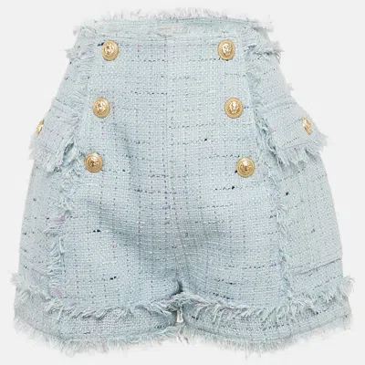 Pre-owned Balmain Blue Tweed Button Detail Fringed Shorts M