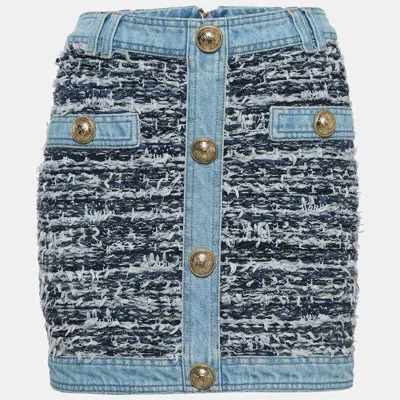 Pre-owned Balmain Blue Tweed Button Detailed Mini Skirt M
