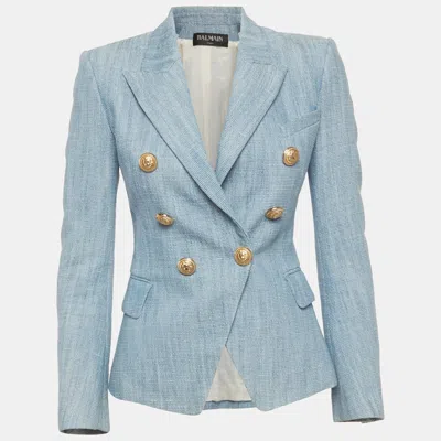 Pre-owned Balmain Blue Tweed Double Breasted Blazer S