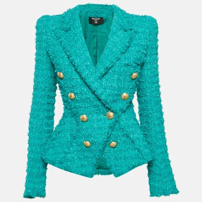 Pre-owned Balmain Blue Tweed Double Breasted Jacket S