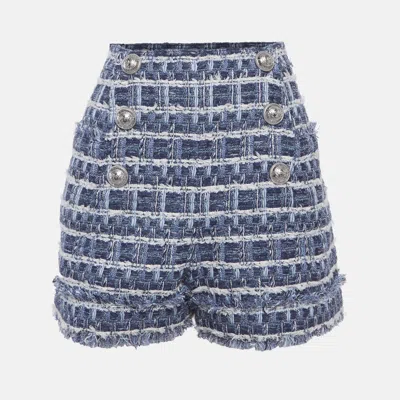 Pre-owned Balmain Blue Tweed High Rise Shorts L