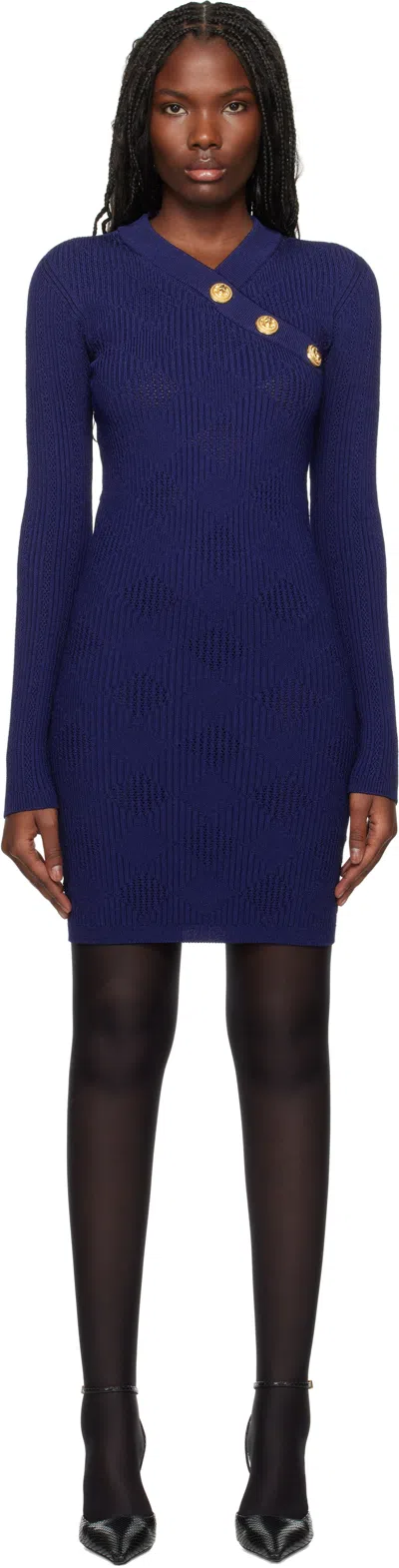 Balmain Blue V-neck Vichy Minidress In 6bo Bleu Nuit