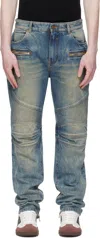 Balmain Regular Biker Denim Pants In Blue