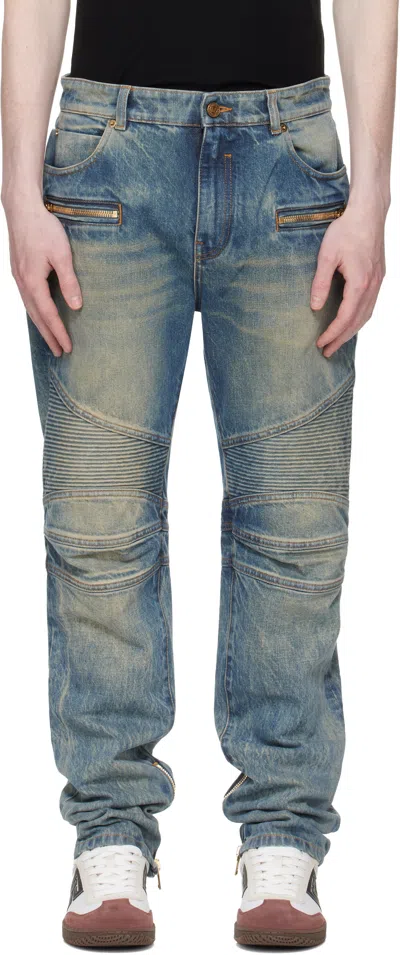 Balmain Blue Vintage Denim Biker Jeans