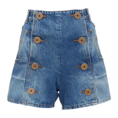 Pre-owned Balmain Blue Washed Bronze Coin Button High Waisted Denim Shorts Fr36 S