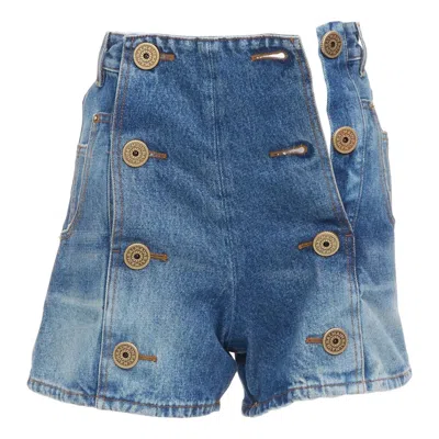 Pre-owned Balmain Blue Washed Bronze Logo Buttons High Waisted Denim Shorts Fr34 Xs