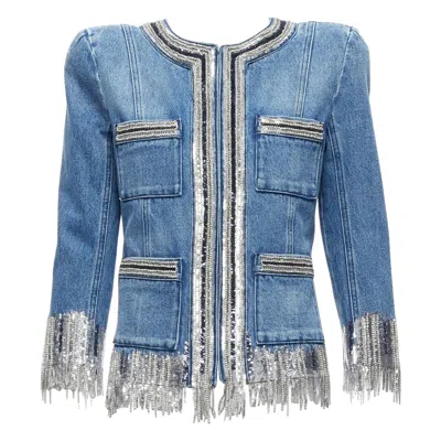 Pre-owned Balmain Blue Washed Cotton Denim Silver Crystal Embellished Trim Jacket Fr36 S