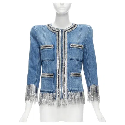 Pre-owned Balmain Blue Washed Cotton Denim Silver Crystal Embellished Trim Jacket Fr36 S