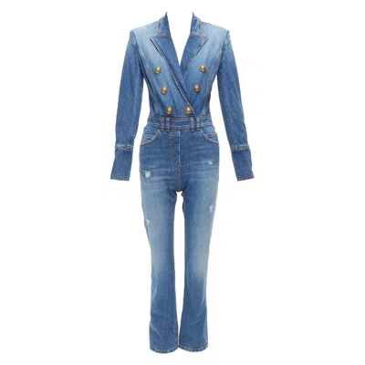 Pre-owned Balmain Blue Washed Distressed Denim Gold Double Breasted Jumpsuit Fr34 Xs