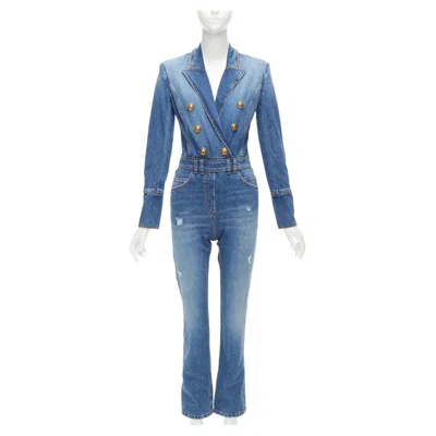 Pre-owned Balmain Blue Washed Distressed Denim Gold Double Breasted Jumpsuit Fr34 Xs