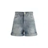 Balmain Rolled Hem Denim Shorts With Diamond Stitched Pattern In Blue