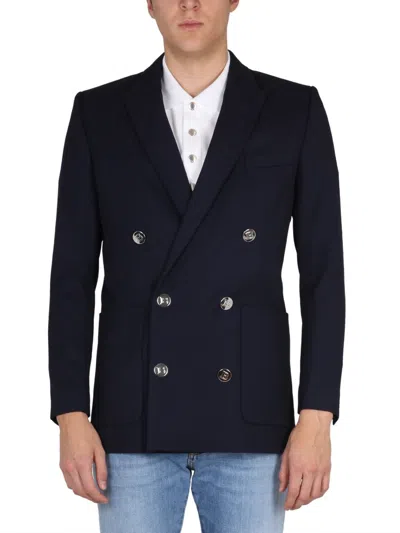 Balmain Tailored Wool Blazer With Back Slit And Padded Shoulders In Blue