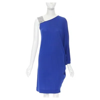 Pre-owned Balmain Blue Wool Crystal Rhinestone Embellished Strap Asymmetric Dress Fr36 S