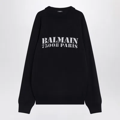 BALMAIN BALMAIN BLUE WOOL SWEATER WITH LOGO MEN