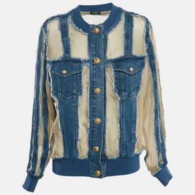 Pre-owned Balmain Blue/beige Denim And Organza Silk Button Front Jacket M