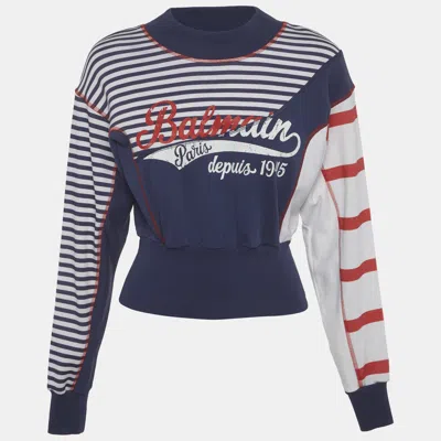 Pre-owned Balmain Blue/white Printed Cotton Crop Sweatshirt Xxs
