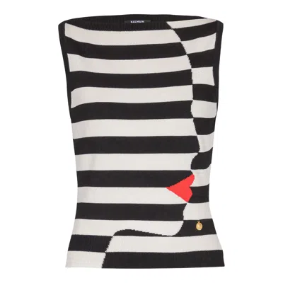 Balmain Boatneck Face Mariniere Knit Top In Black
