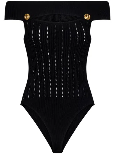 Balmain Off-the-shoulder Cutout Pointelle-knit Bodysuit In Noir