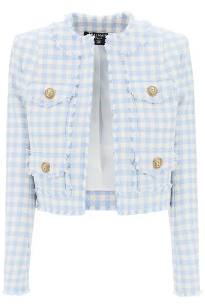 Balmain Bolero Jacket In Tweed With Gingham Pattern In Bleu Pale/blanc