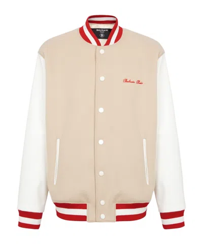 Balmain Bomber Jacket With Logo Embroidery In Beige,white